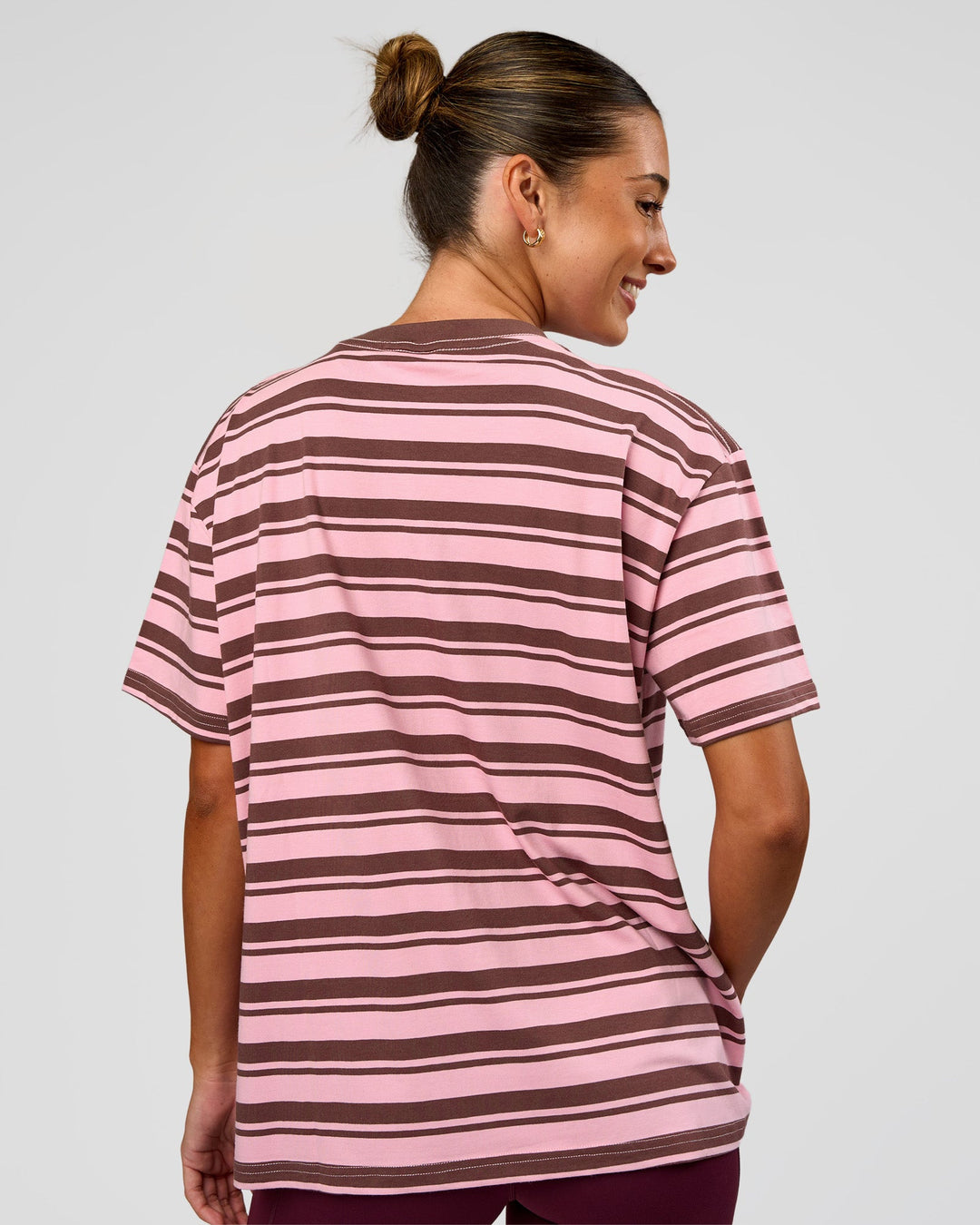 Woman wearing Go-To Shadow Stripe FLXCotton Oversized Tee - Pink Rose-Cocoa Powder | Model:Charli | Size:XS - view 4