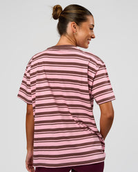 Woman wearing Go-To Shadow Stripe FLXCotton Oversized Tee - Pink Rose-Cocoa Powder | Model:Charli | Size:XS | Thumbnail Index: 3