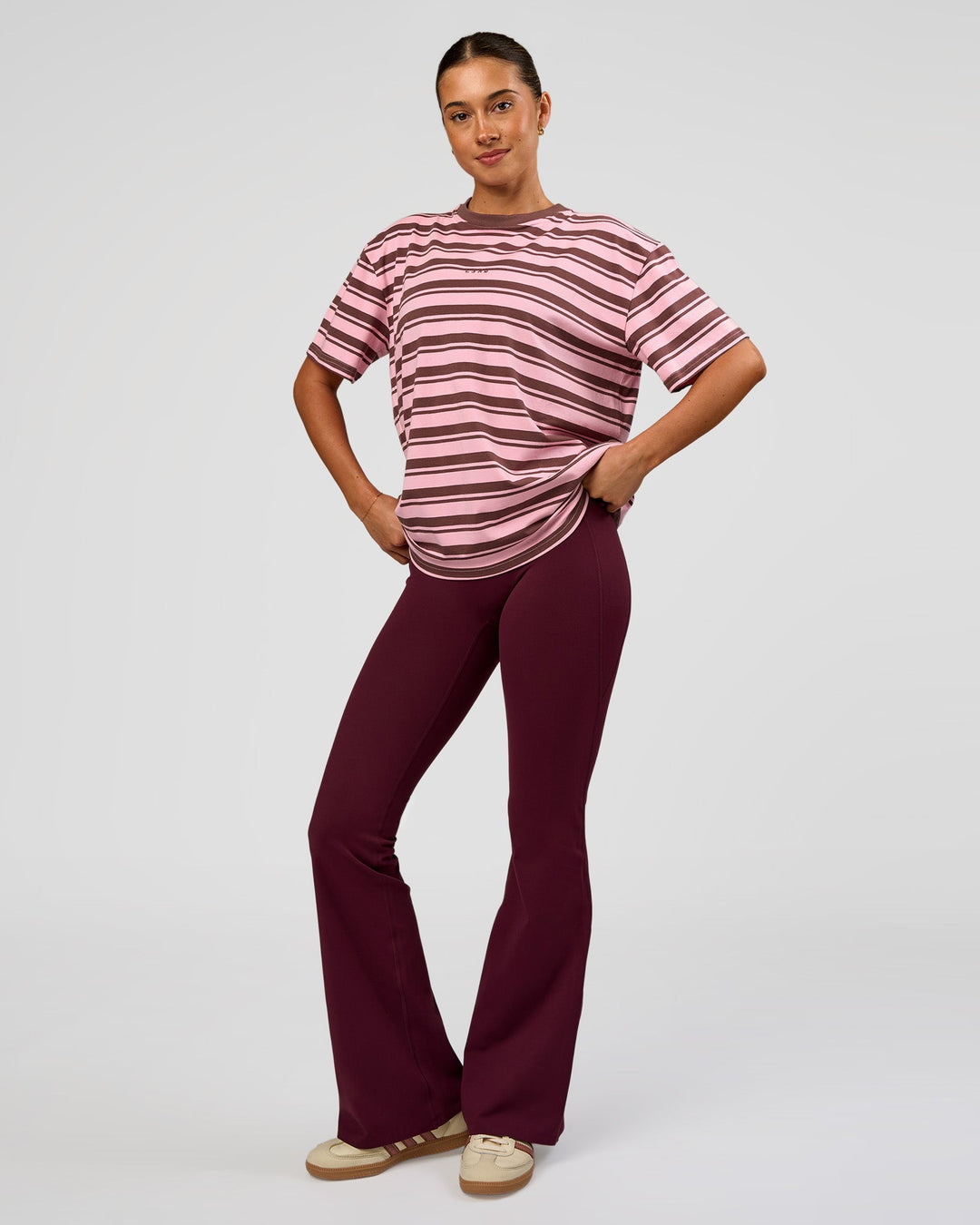 Woman wearing Go-To Shadow Stripe FLXCotton Oversized Tee - Pink Rose-Cocoa Powder | Model:Charli | Size:XS - view 5