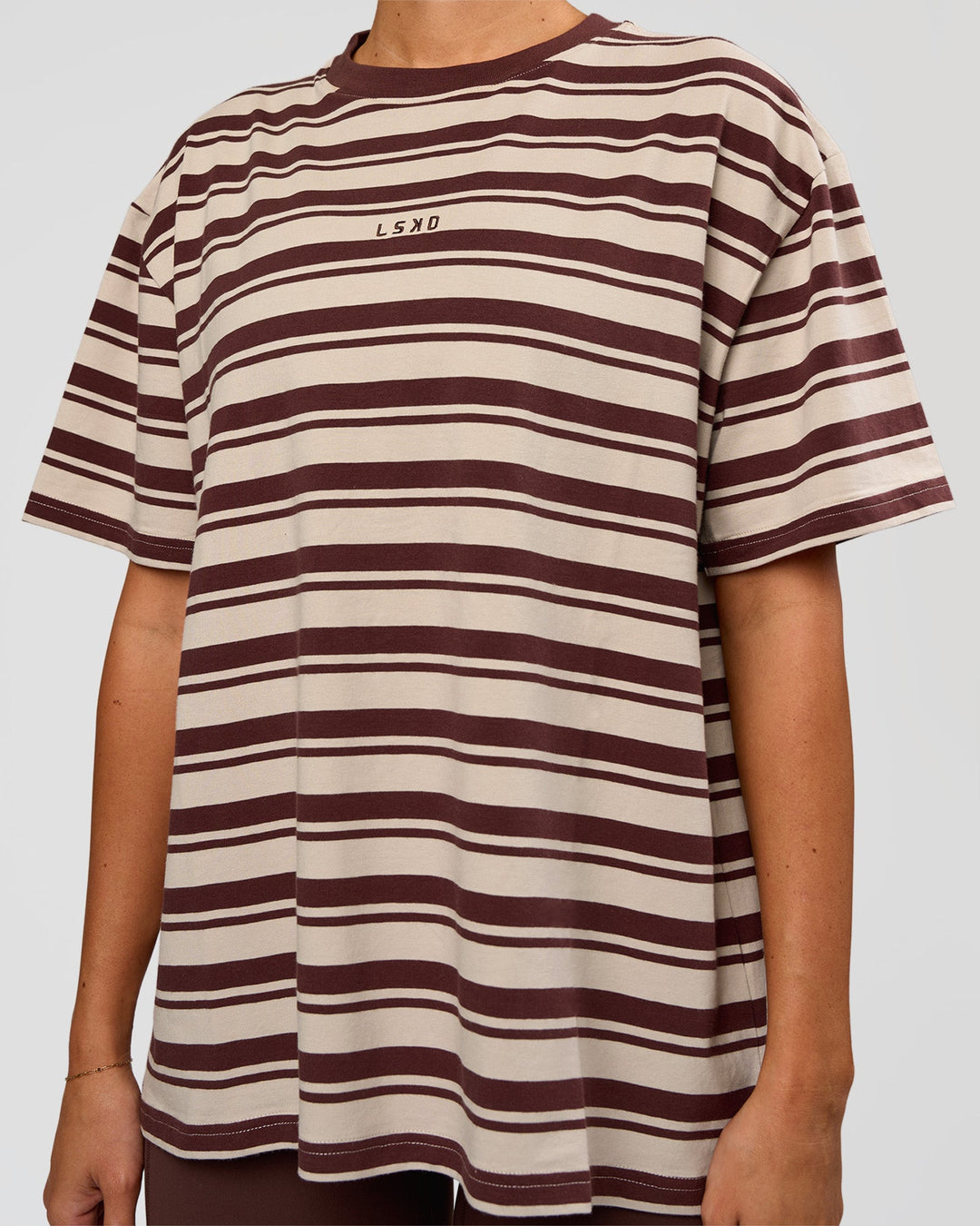 Woman wearing Go-To Shadow Stripe FLXCotton Oversized Tee - Shale Beige-Hot Chocolate | Model:Charli | Size:XS - view 2
