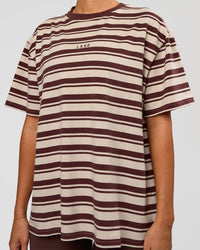 Woman wearing Go-To Shadow Stripe FLXCotton Oversized Tee - Shale Beige-Hot Chocolate | Model:Charli | Size:XS | Thumbnail Index: 1