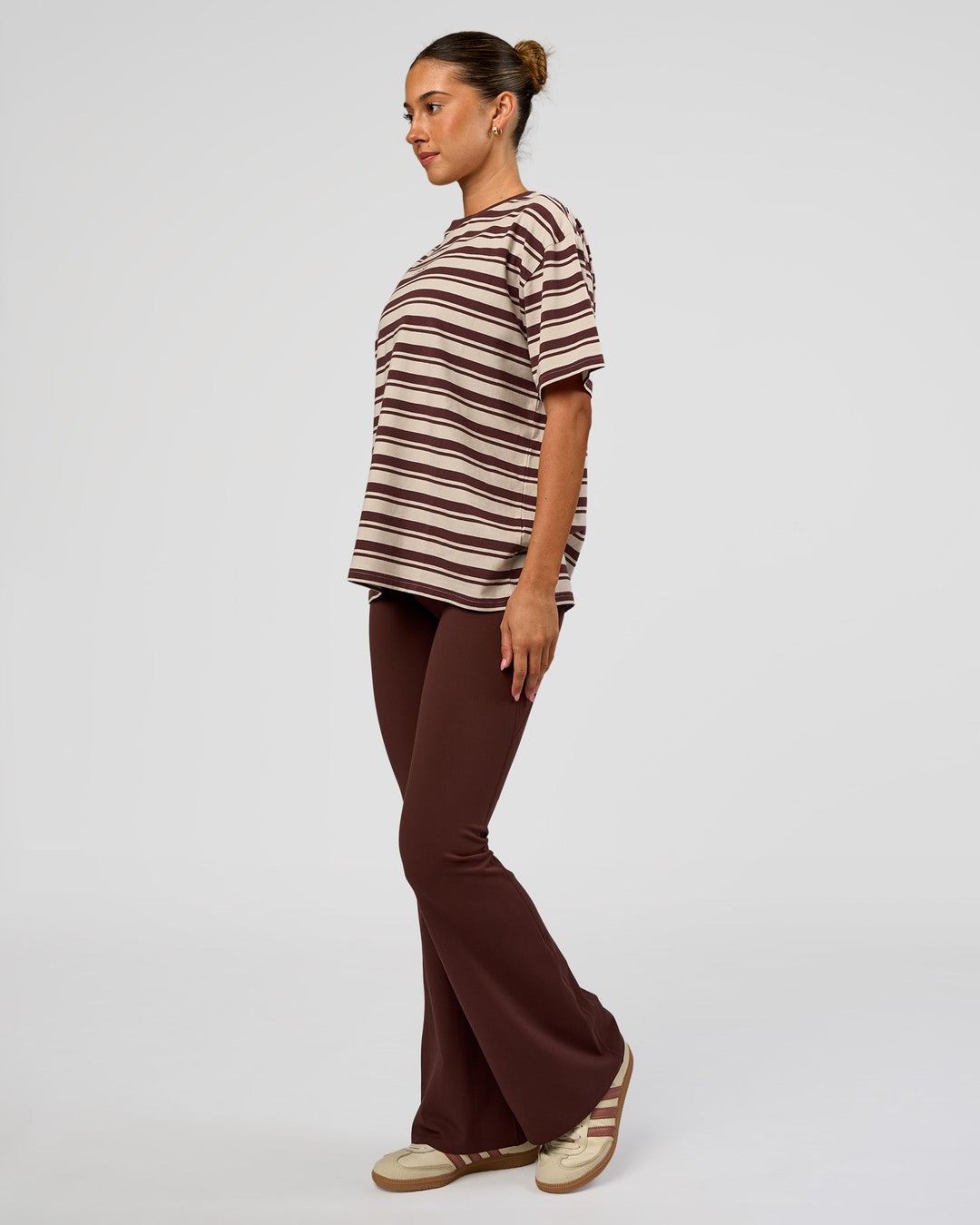 Woman wearing Go-To Shadow Stripe FLXCotton Oversized Tee - Shale Beige-Hot Chocolate | Model:Charli | Size:XS - view 3