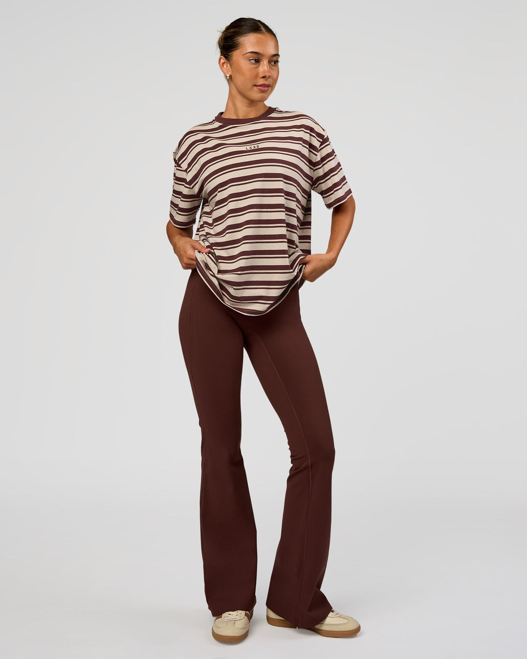 Woman wearing Go-To Shadow Stripe FLXCotton Oversized Tee - Shale Beige-Hot Chocolate | Model:Charli | Size:XS - view 4