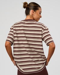 Woman wearing Go-To Shadow Stripe FLXCotton Oversized Tee - Shale Beige-Hot Chocolate | Model:Charli | Size:XS | Thumbnail Index: 4