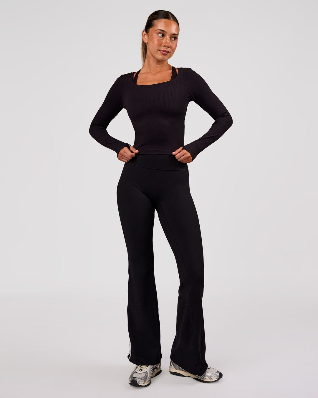 Woman wearing Horizon Long Sleeve Tee - Black | Model:Charli | Size:XS - view 7