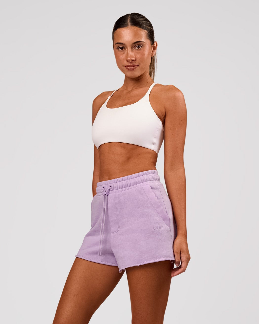 Woman wearing MVP Elite Terry Short - Pale Lilac | Model:Charli | Size:XS - view 1