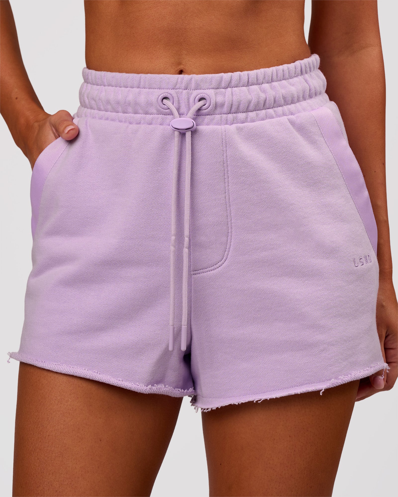 Woman wearing MVP Elite Terry Short - Pale Lilac | Model:Charli | Size:XS