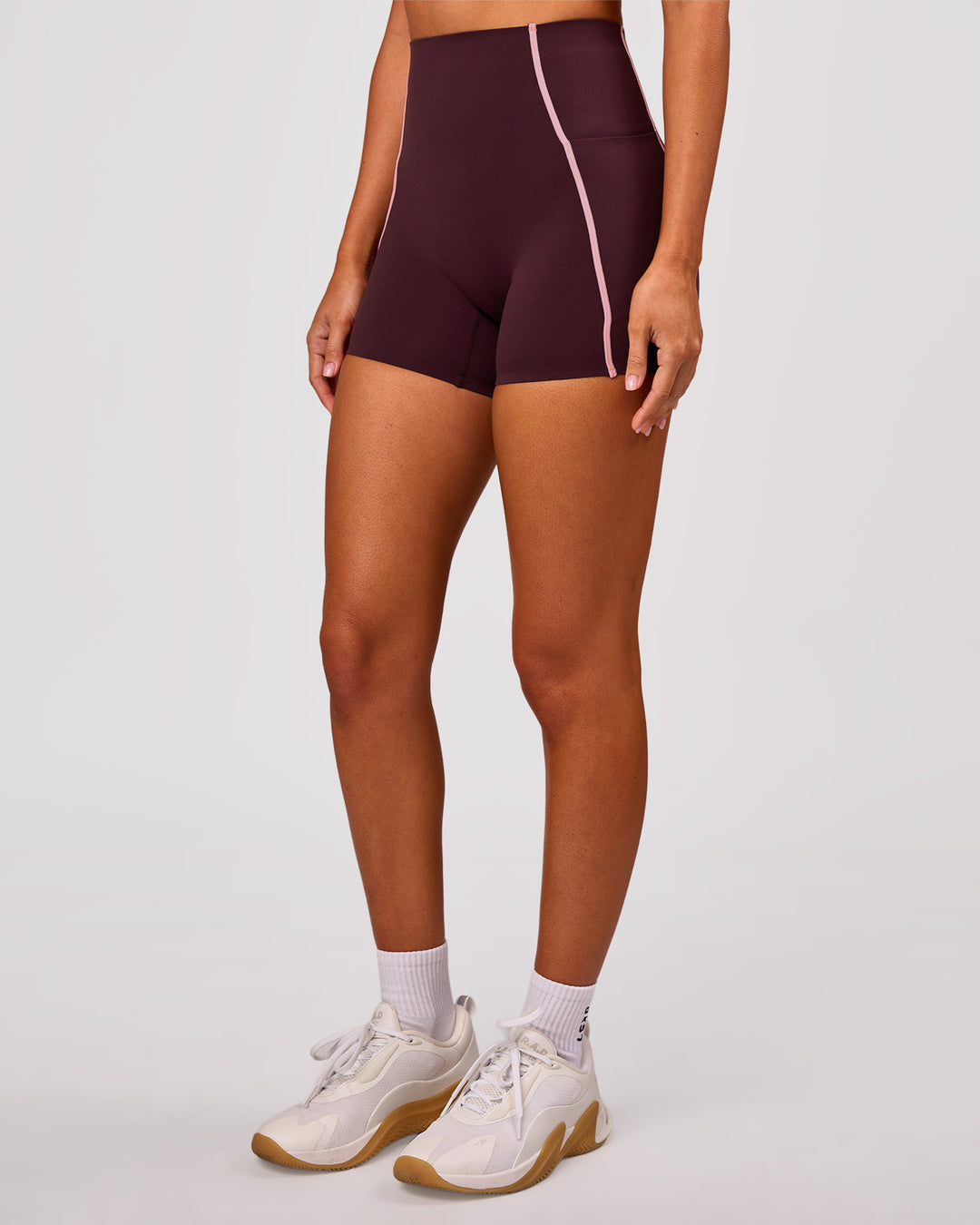 Woman wearing Power Ultra High-Rise 4" Short Pockets - Cherry Lacquer-Pink Rose | Model:Charli | Size:XS - view 6