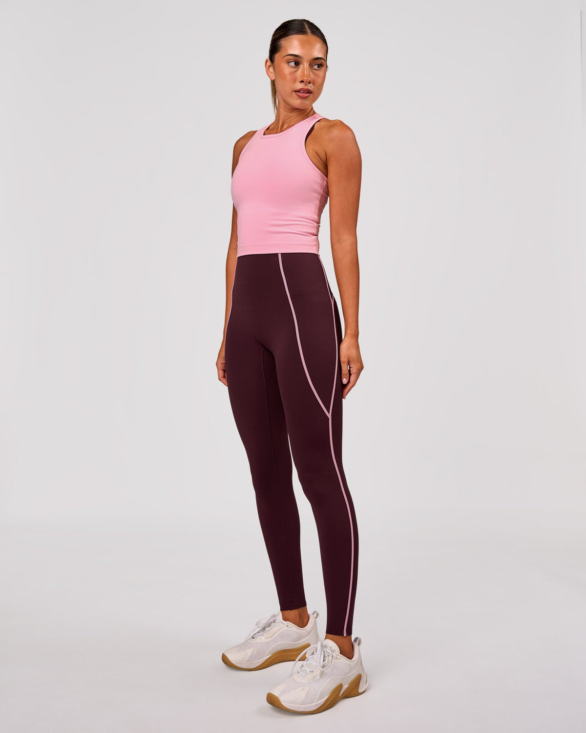 Woman wearing Power Ultra High-Rise Full Length Legging Pockets - Cherry Lacquer-Pink Rose | Model:Charli | Size:XS
