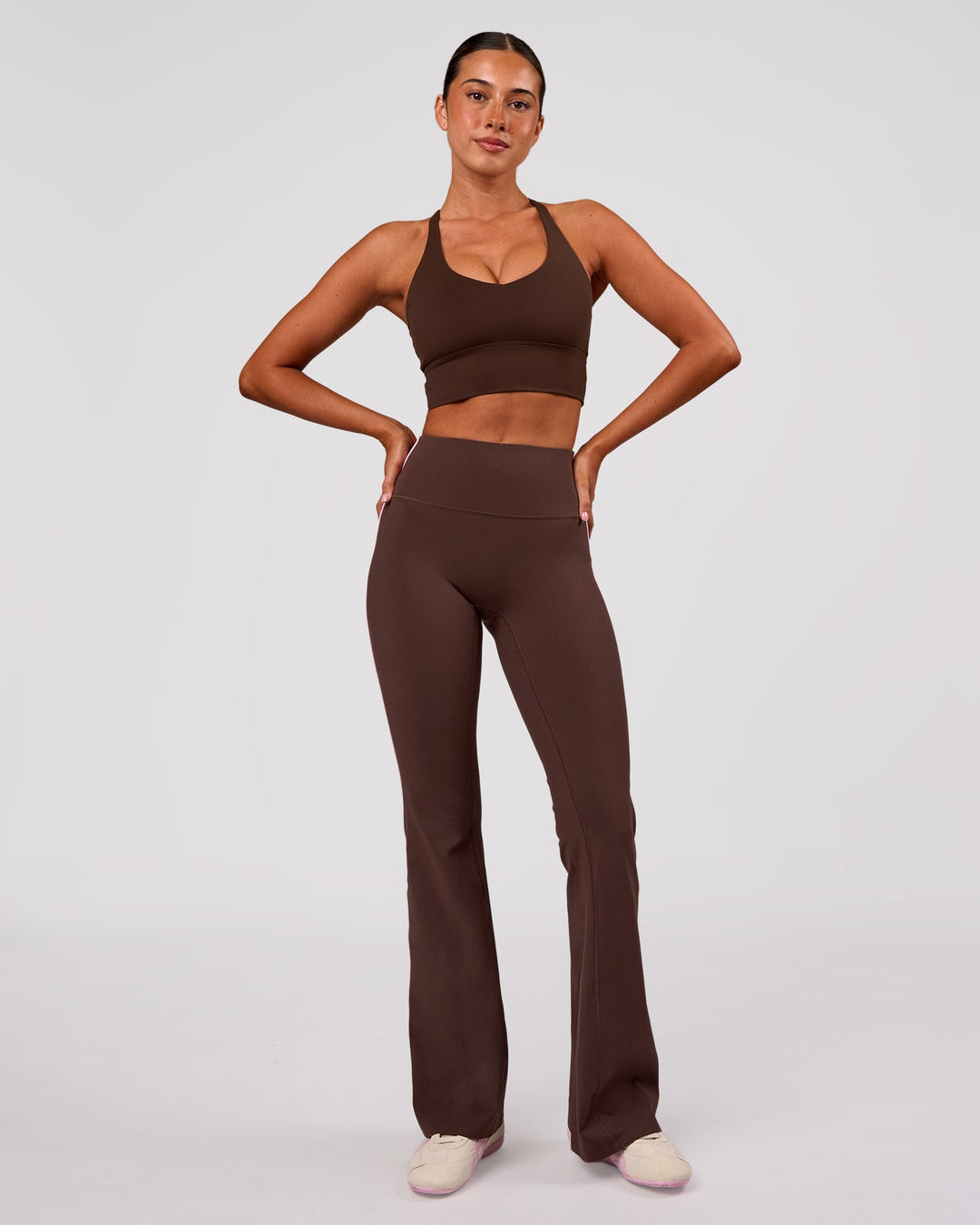 Woman wearing Stellar Long Line Sports Bra - Hot Chocolate | Model:Charli | Size:XS - view 5