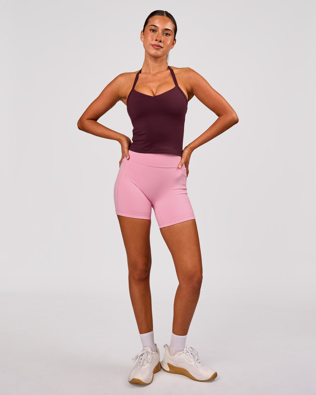 Woman wearing Unleash Shelf Bra Tank - Cherry Lacquer | Model:Charli | Size:XS - view 5
