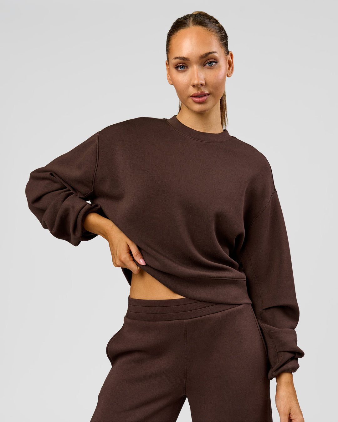 Woman wearing Elevate SoftTouch Draped Sleeve Sweater - Hot Chocolate | Model:Claire | Size:XS - view 1