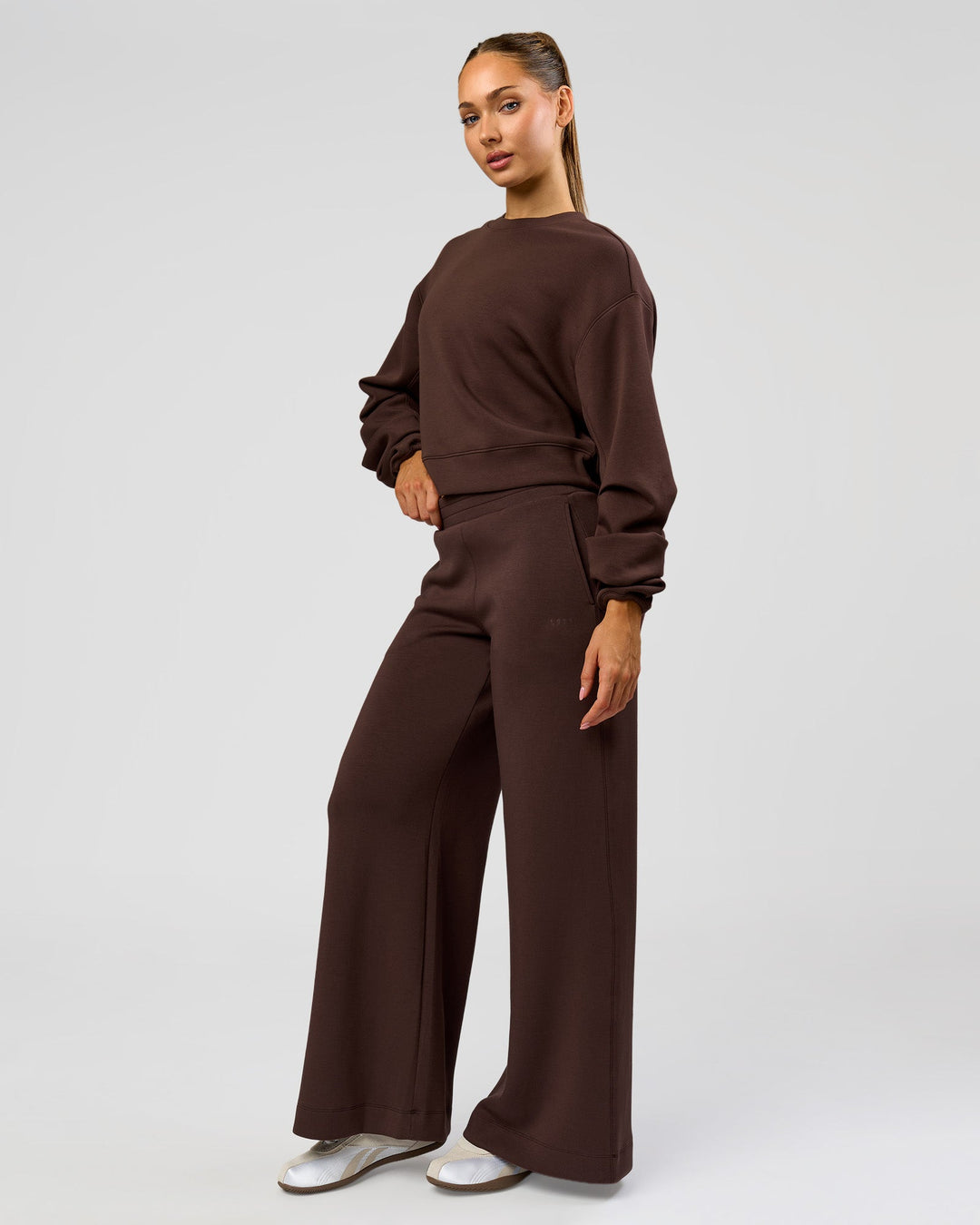 Woman wearing Elevate SoftTouch Draped Sleeve Sweater - Hot Chocolate | Model:Claire | Size:XS - view 7