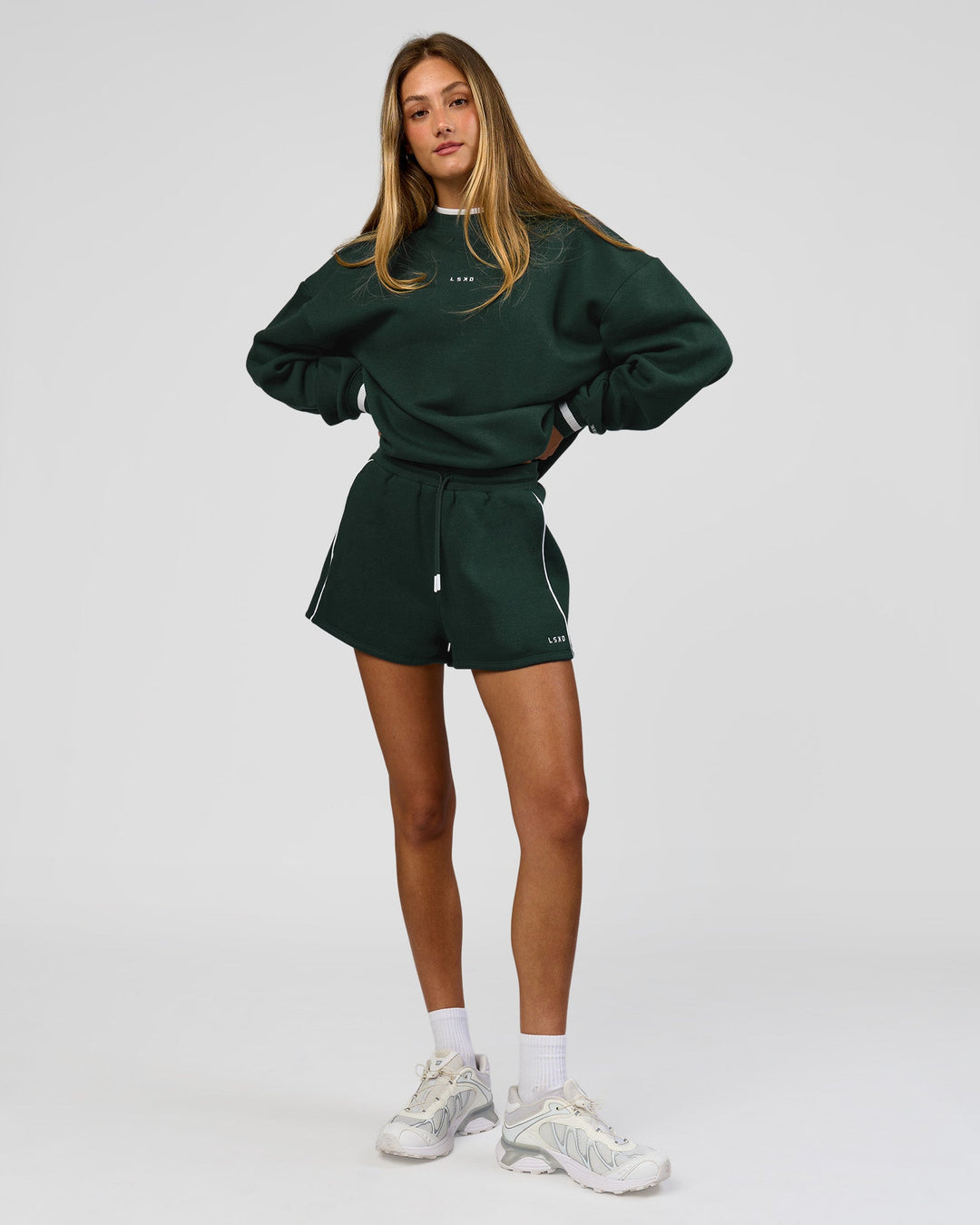 Woman wearing Go-To Dual Oversized Sweater - Midnight Green-White | Model:Georgia | Size:XS - view 12