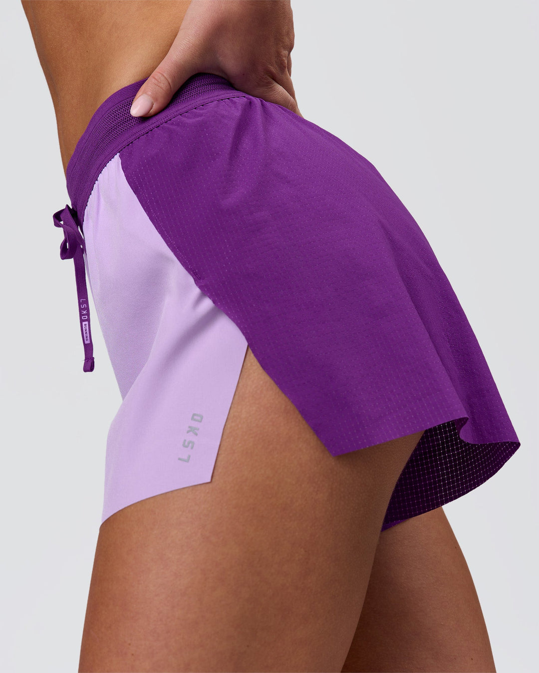 Woman wearing Accelerate 3" High-Rise Running Short - Chloe Purple | Model:Issy | Size:XS - view 6