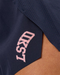 Woman wearing Accelerate 3" Mid-Rise Running Short - Future Navy-Varsity Print | Model:Issy | Size:XS | Thumbnail Index: 12