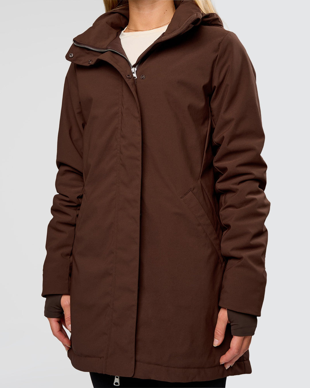 Woman wearing Auxiliary 2.0 Longline Jacket - Hot Chocolate | Model:Issy | Size:XS - view 2