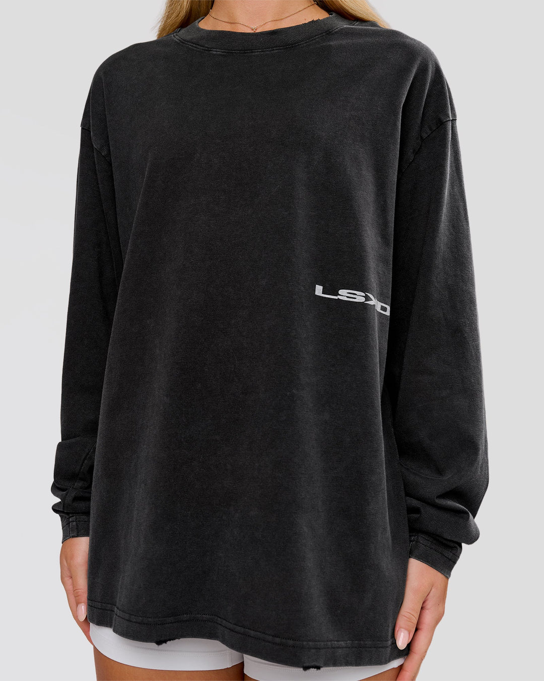 Woman wearing Backline Washed Heavyweight Oversized LS Tee - Black Washed | Model:Issy | Size:XS - view 6