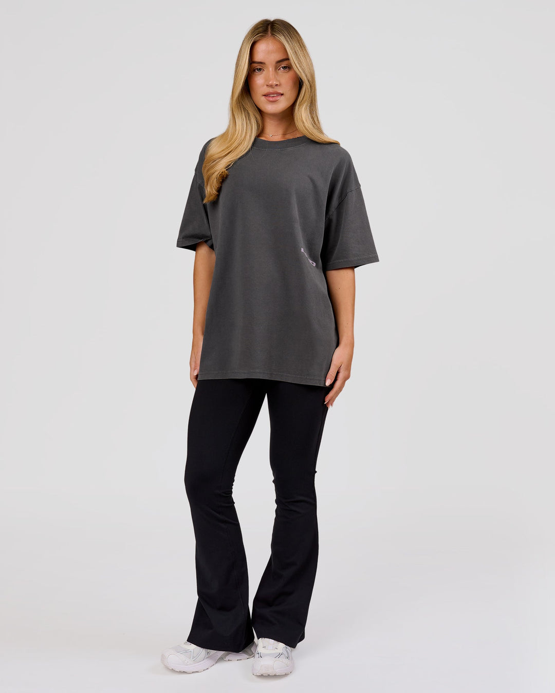 Woman wearing Backline Washed Heavyweight Oversized Tee - Asphalt Washed | Model:Issy | Size:XS - view 12
