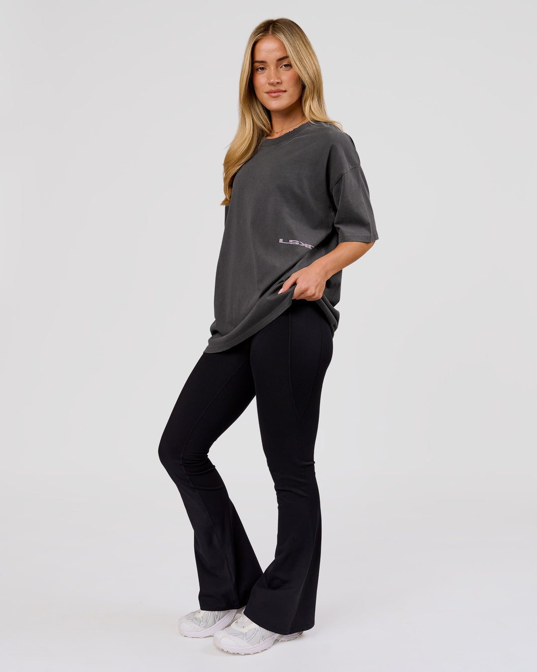 Woman wearing Backline Washed Heavyweight Oversized Tee - Asphalt Washed | Model:Issy | Size:XS - view 15