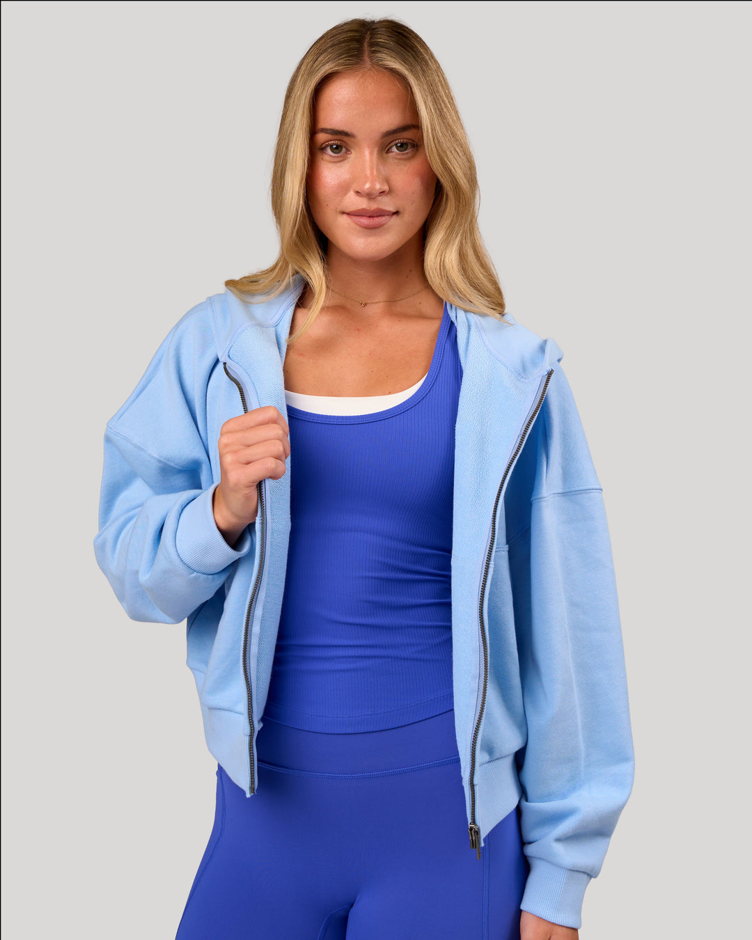 Woman wearing Distress French Terry Full Zip Hoodie - Open Air | Model: Issy | Size: XS - view 2