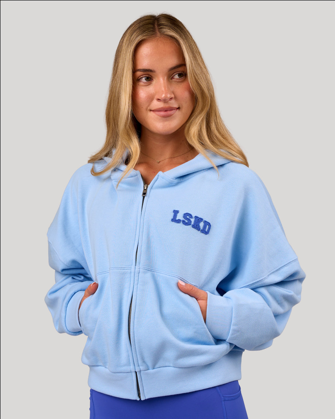 Woman wearing Distress French Terry Full Zip Hoodie - Open Air | Model: Issy | Size: XS - view 5