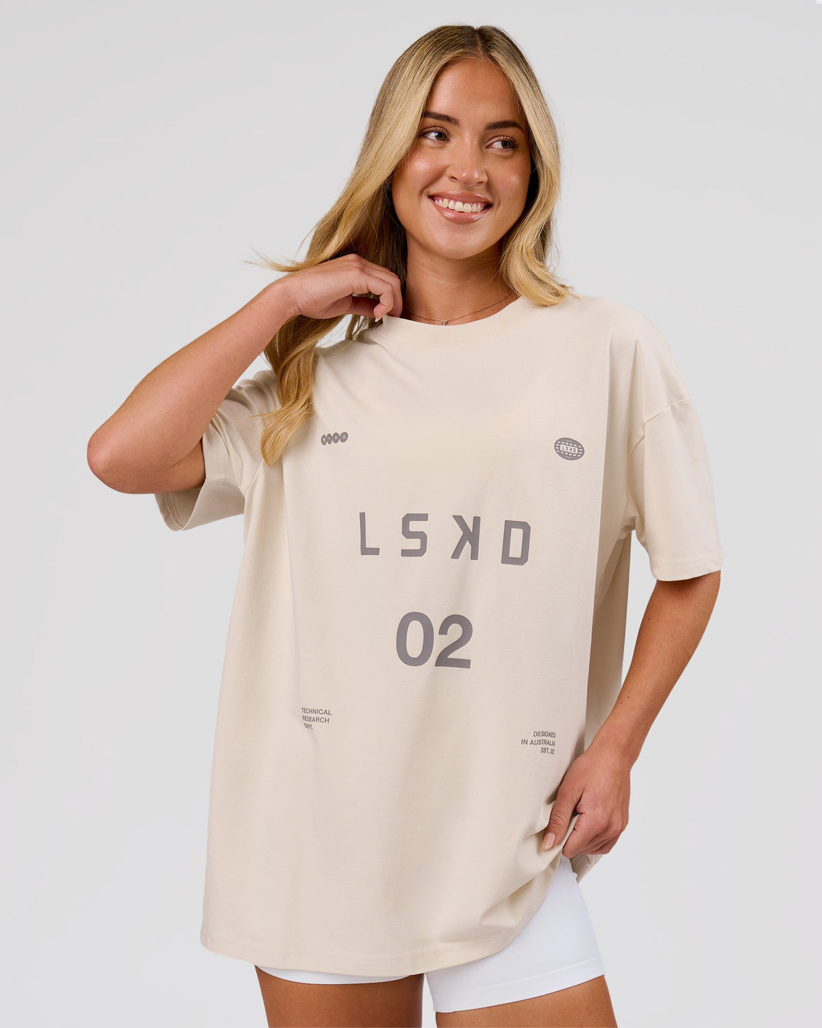 Woman wearing Game Plan Heavyweight FLXCotton Oversized Tee - Vanilla Bean | Model:Issy | Size:XS - view 2