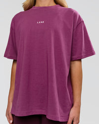 Woman wearing Go-To FLXCotton Oversized Tee - Boysenberry-White | Model:Issy | Size:XS | Thumbnail Index: 0