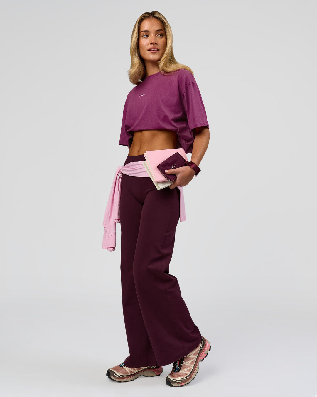 Woman wearing Go-To FLXCotton Oversized Tee - Boysenberry-White | Model:Issy | Size:XS - view 9