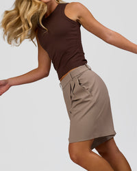 Woman wearing Go-To FLXCotton Rib High Neck Tank - Hot Chocolate | Model:Issy | Size:XS | Thumbnail Index: 5