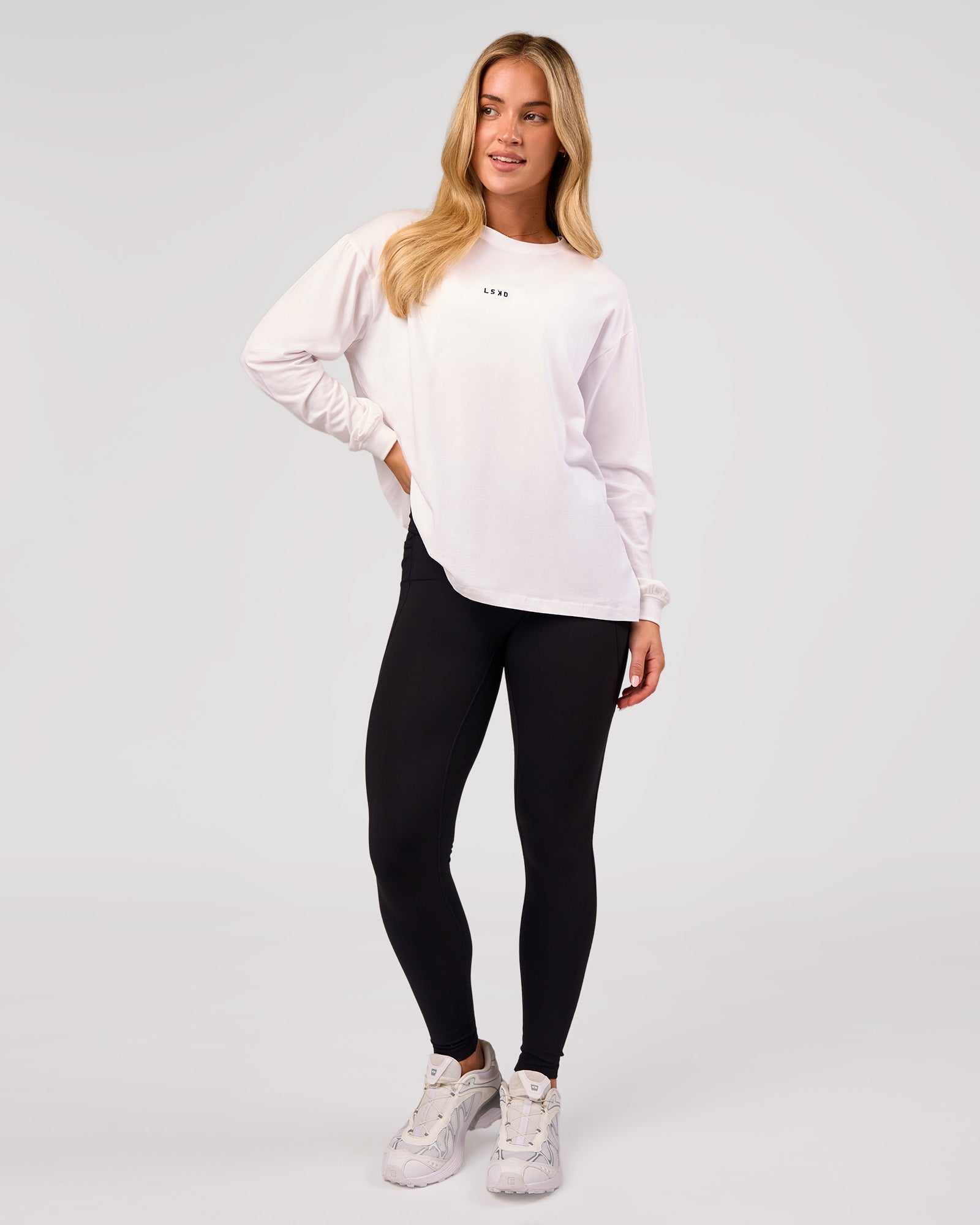 Go-To Long Sleeve FLXCotton Oversized Tee - White-Black | LSKD