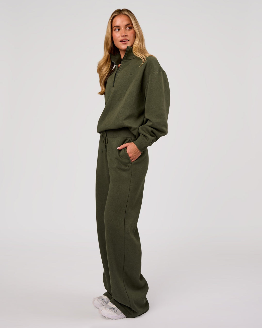 Woman wearing Go-To Oversized Quarter Zip Sweater - Pure Olive | Model:Issy | Size:XS - view 5