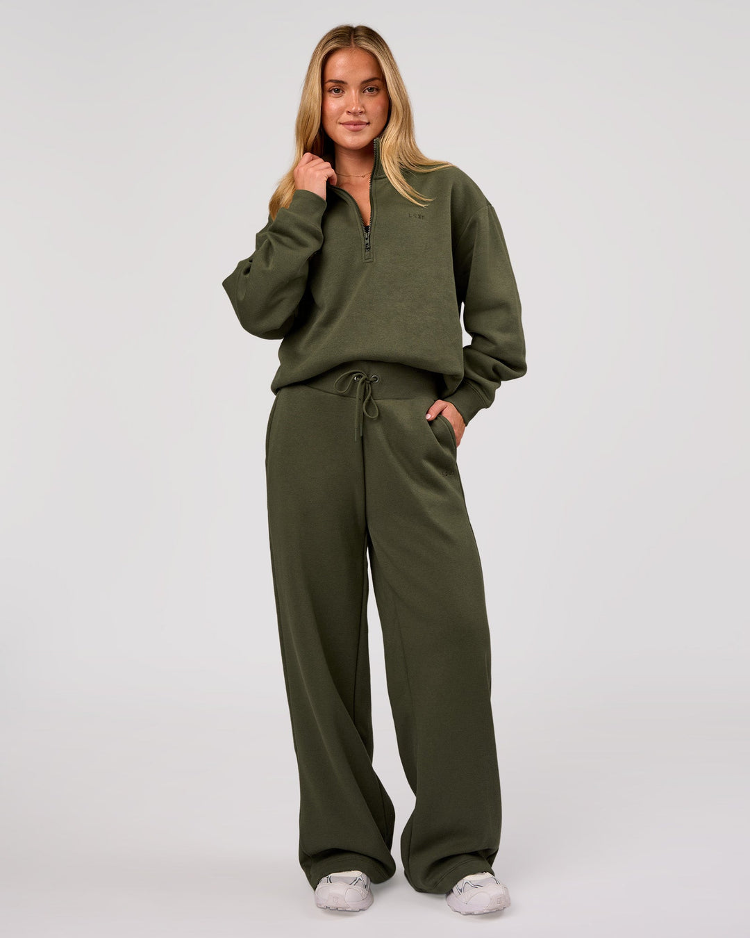 Woman wearing Go-To Oversized Quarter Zip Sweater - Pure Olive | Model:Issy | Size:XS - view 6