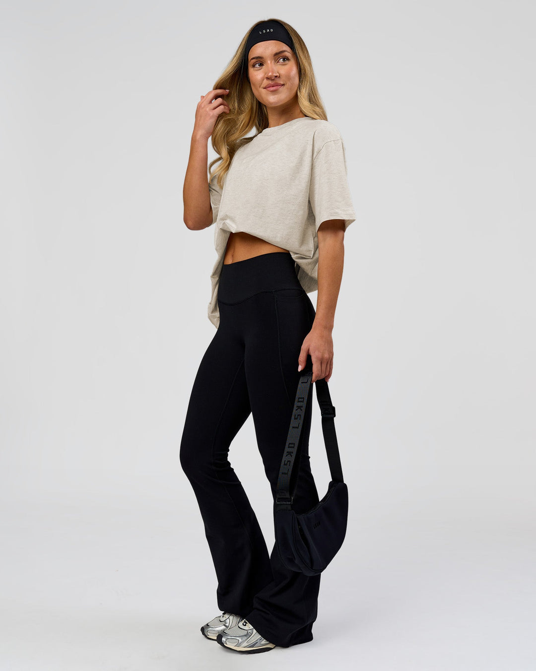 Woman wearing Go-To Script FLXCotton Oversized Tee - Silver Marl-White | Model:Issy | Size:XS - view 5