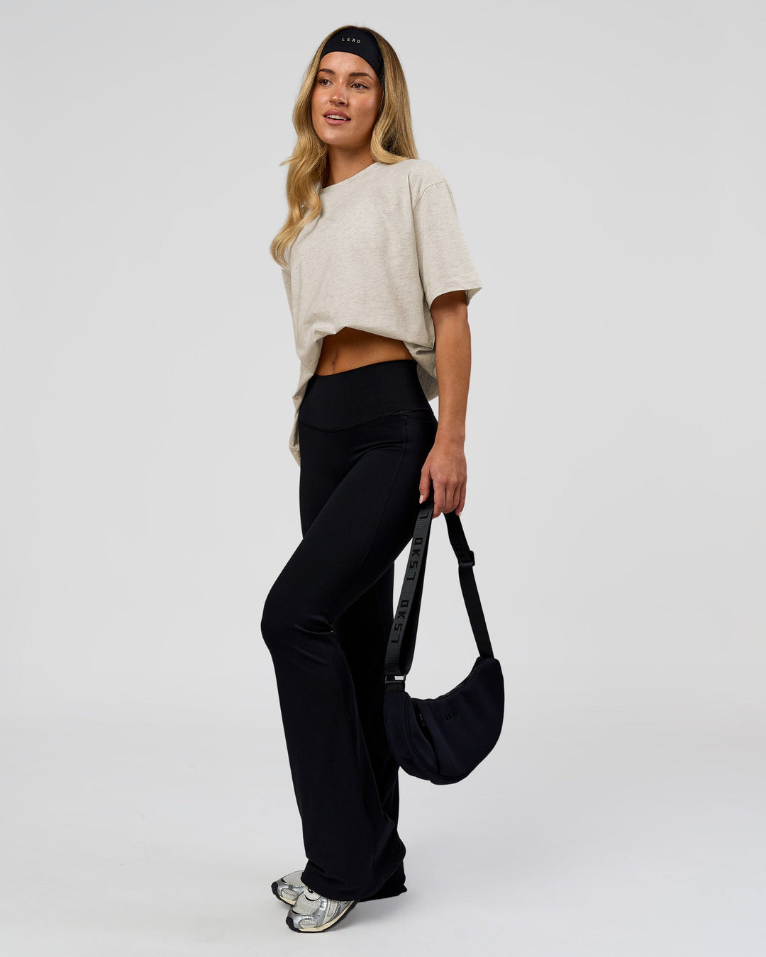 Woman wearing Go-To Script FLXCotton Oversized Tee - Silver Marl-White | Model:Issy | Size:XS - view 6
