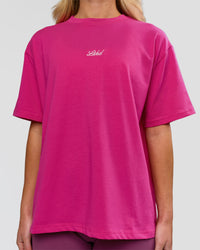 Woman wearing Go-To Script FLXCotton Oversized Tee - Ultra Pink-White | Model:Issy | Size:XS | Thumbnail Index: 1