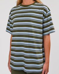 Woman wearing Go-To Shadow Stripe FLXCotton Oversized Tee - Pure Olive-Open Air | Model:Issy | Size:XS | Thumbnail Index: 2