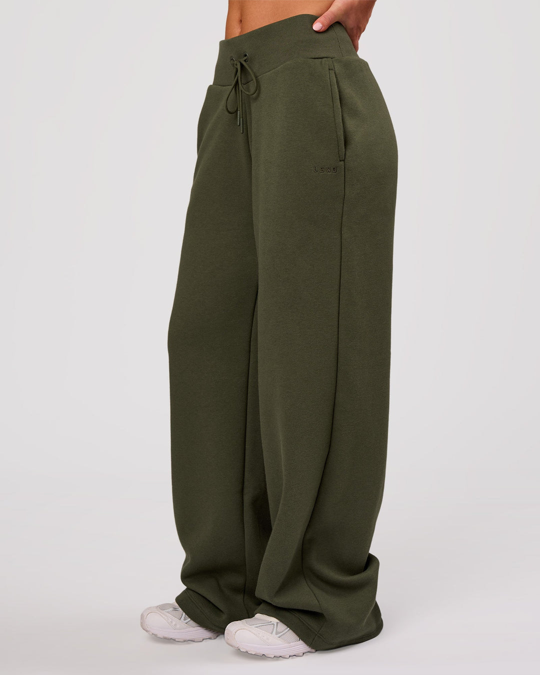Woman wearing Go-To Wide Leg Track Pant - Pure Olive | Model:Issy | Size:XS - view 5