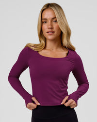 Woman wearing Horizon Long Sleeve Tee - Plum Caspia | Model:Issy | Size:XS | Thumbnail Index: 4