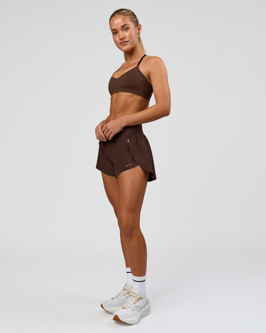 Woman wearing Infinity Sports Bra - Hot Chocolate | Model:Issy | Size:XS - view 3