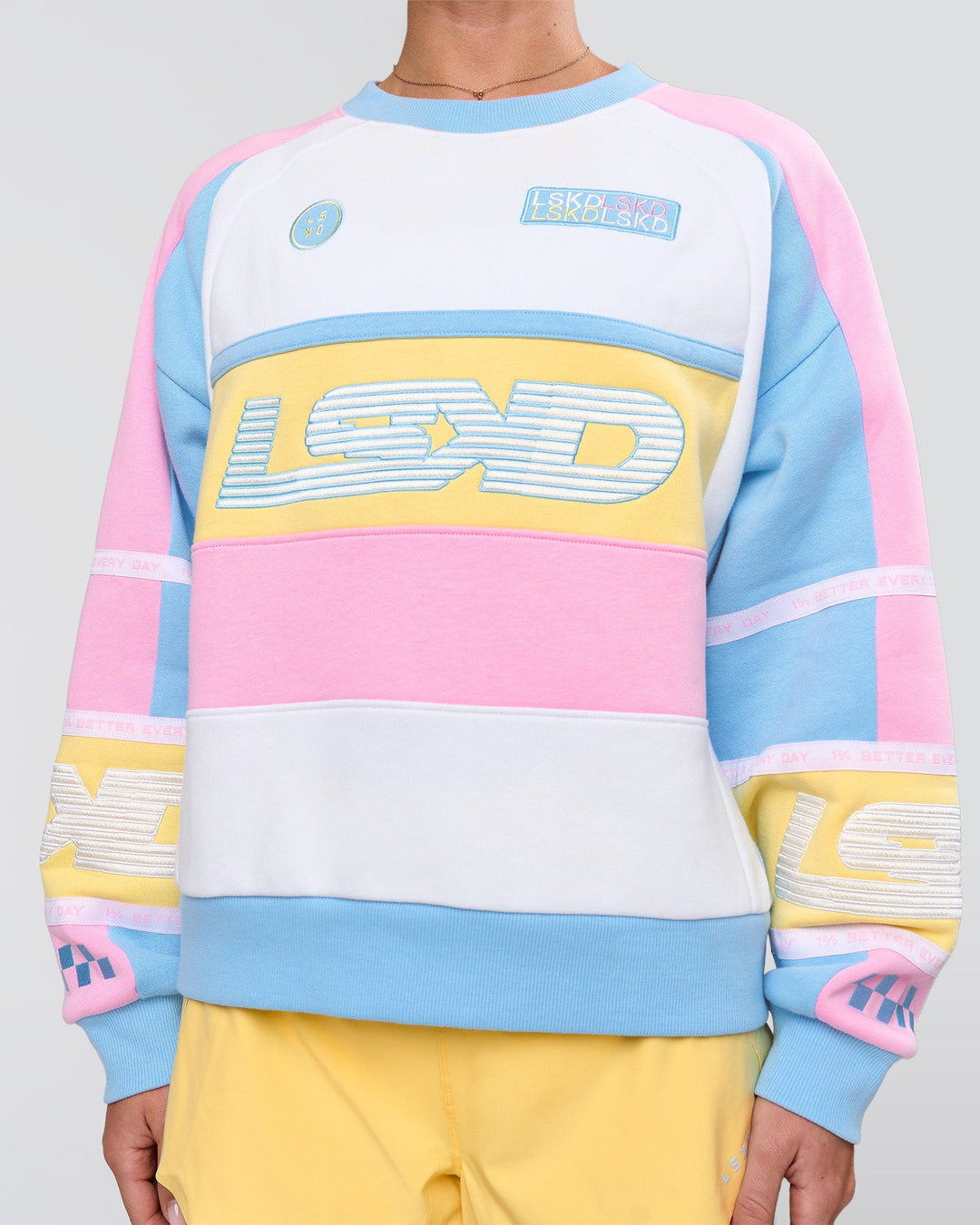 Woman wearing Power Sweater - Pink Rose-Lemon | Model:Issy | Size:XS - view 2