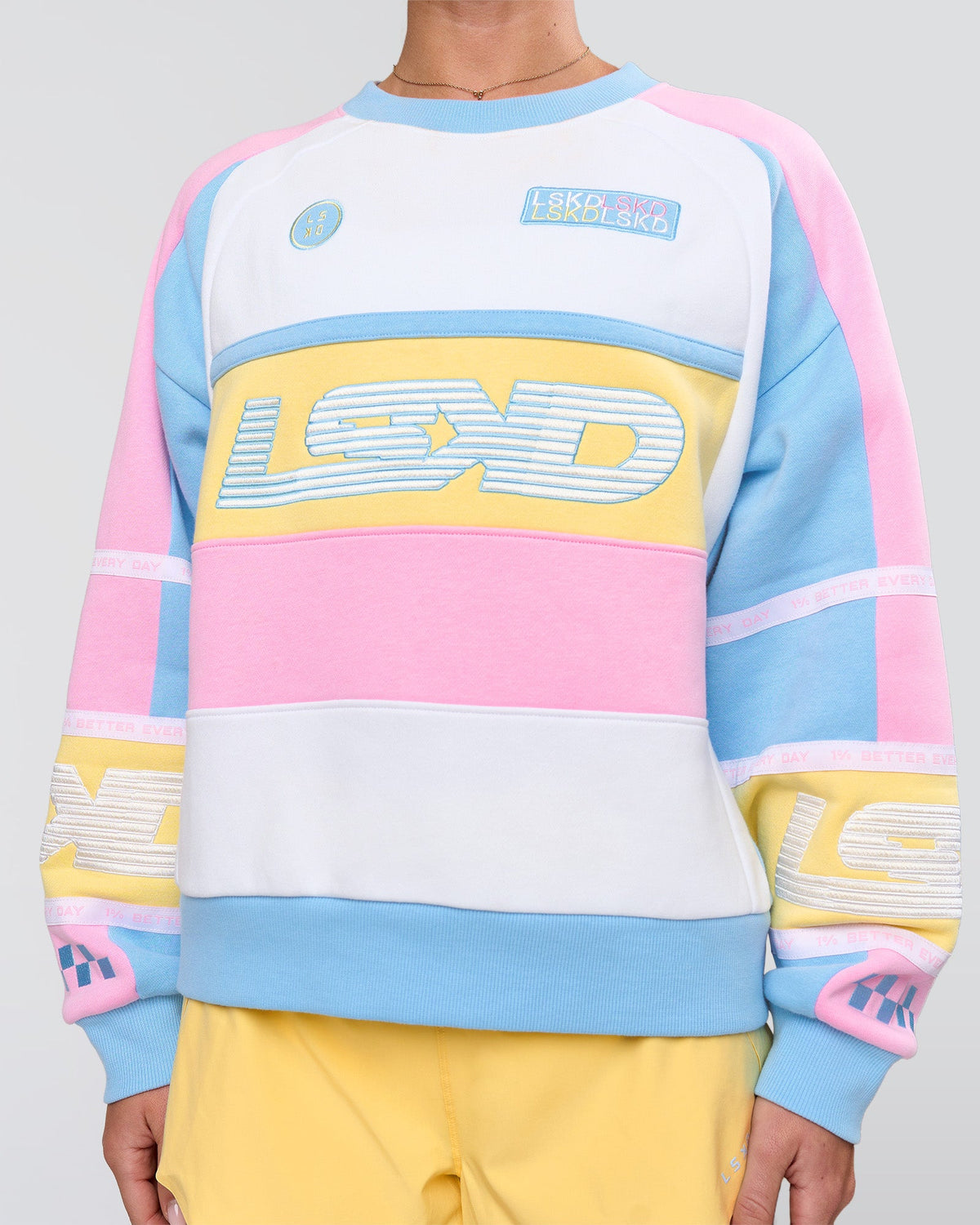 Woman wearing Power Sweater - Pink Rose-Lemon | Model:Issy | Size:XS - view 2