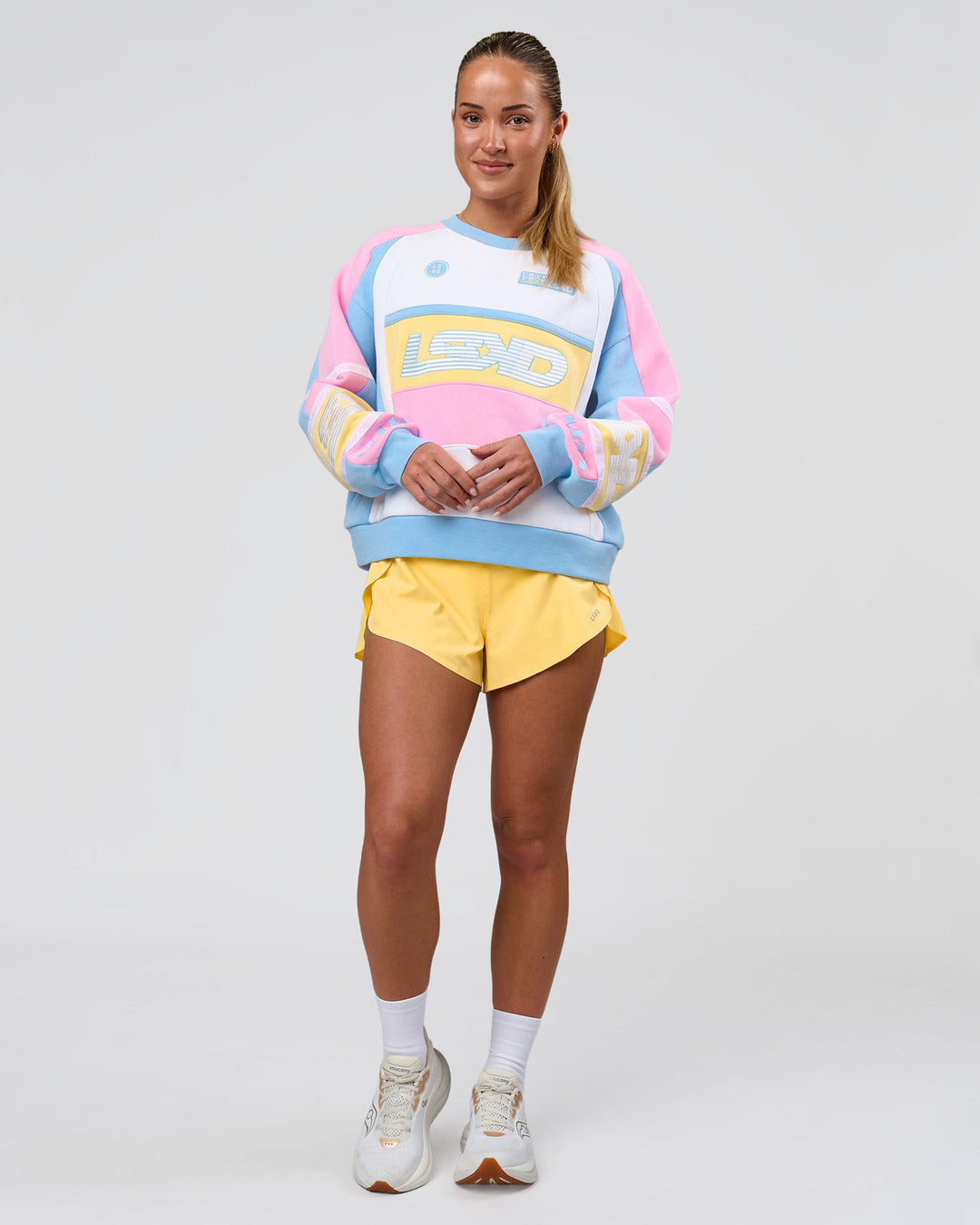 Woman wearing Power Sweater - Pink Rose-Lemon | Model:Issy | Size:XS - view 4