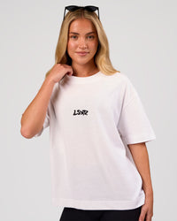Woman wearing Progression Super Heavyweight Boxed Tee - White-Black | Model:Issy | Size:XS | Thumbnail Index: 2