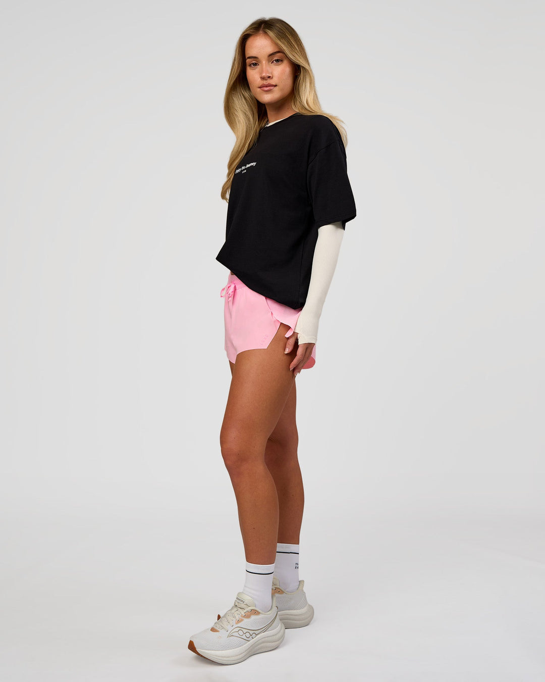 Woman wearing VS1 Enjoy The Journey FLXCotton Oversize Tee - Black | Model:Issy | Size:XS - view 7