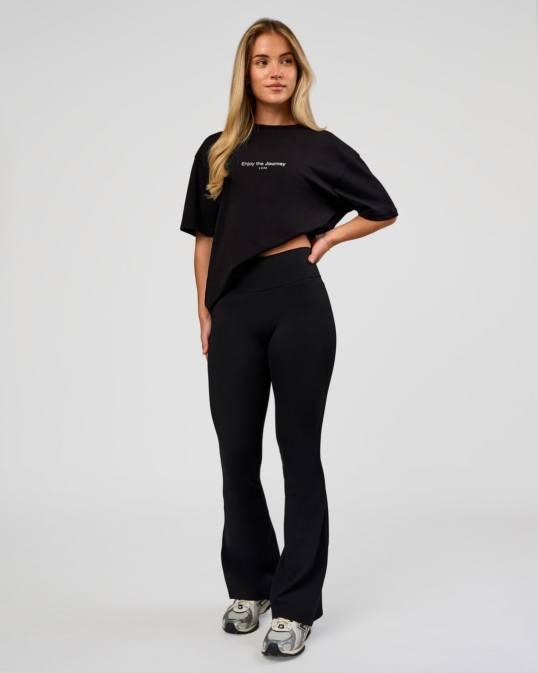 Woman wearing VS1 Enjoy The Journey FLXCotton Oversize Tee - Black | Model:Issy | Size:XS - view 11