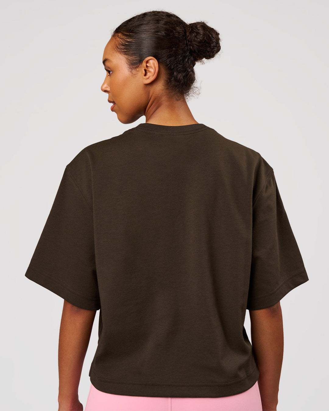 Woman wearing AfterDark ZeroCrease Cropped Tee - Ground Coffee | Model:Jordan | Size:XS - view 2