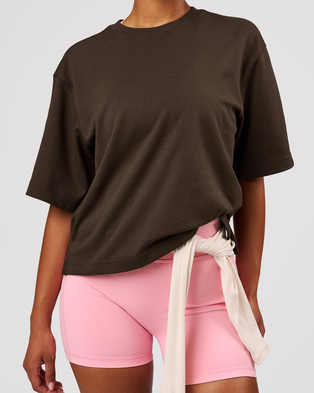 Woman wearing AfterDark ZeroCrease Cropped Tee - Ground Coffee | Model:Jordan | Size:XS - view 3