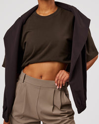 Woman wearing AfterDark ZeroCrease Cropped Tee - Ground Coffee | Model:Jordan | Size:XS | Thumbnail Index: 3
