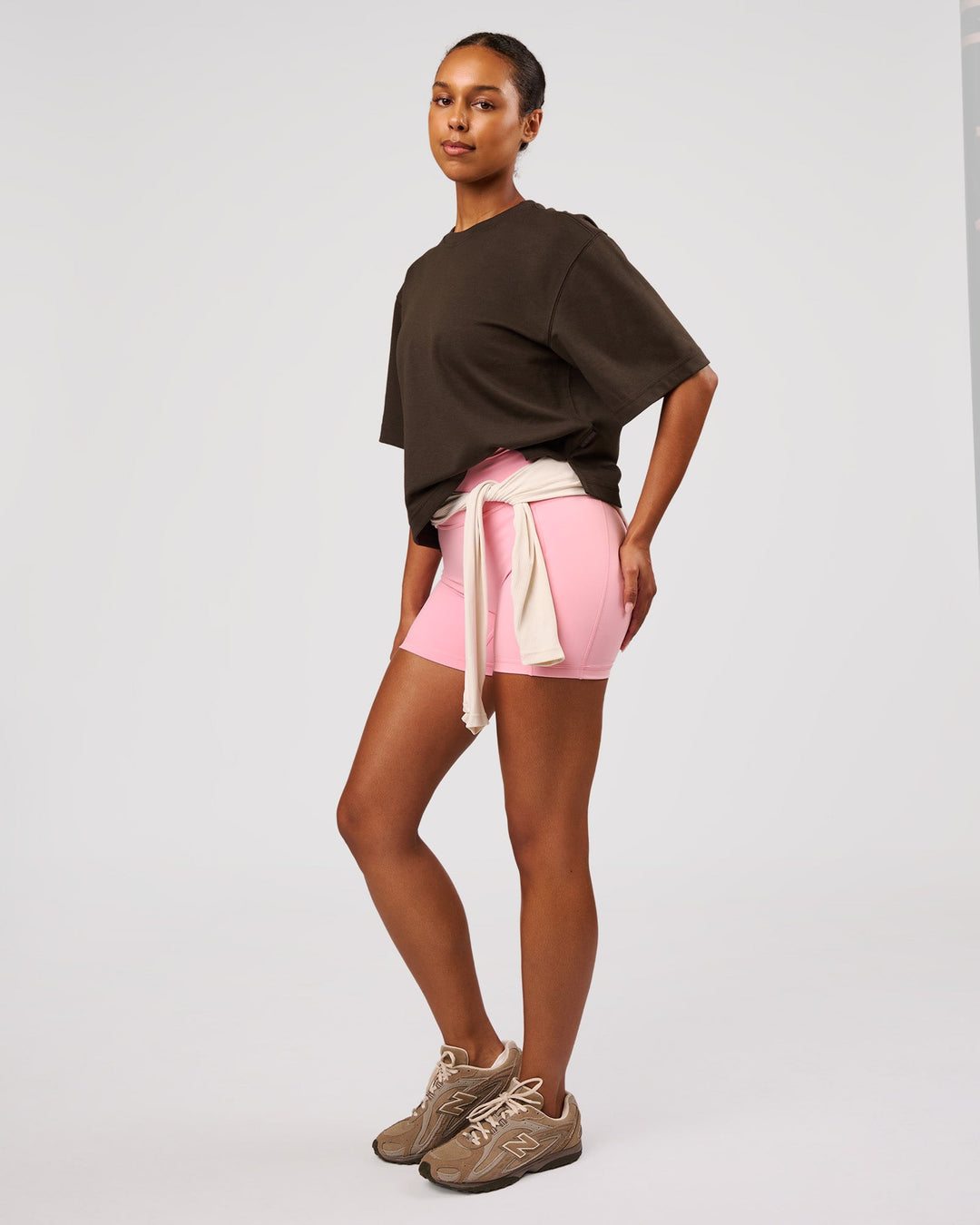 Woman wearing AfterDark ZeroCrease Cropped Tee - Ground Coffee | Model:Jordan | Size:XS - view 7